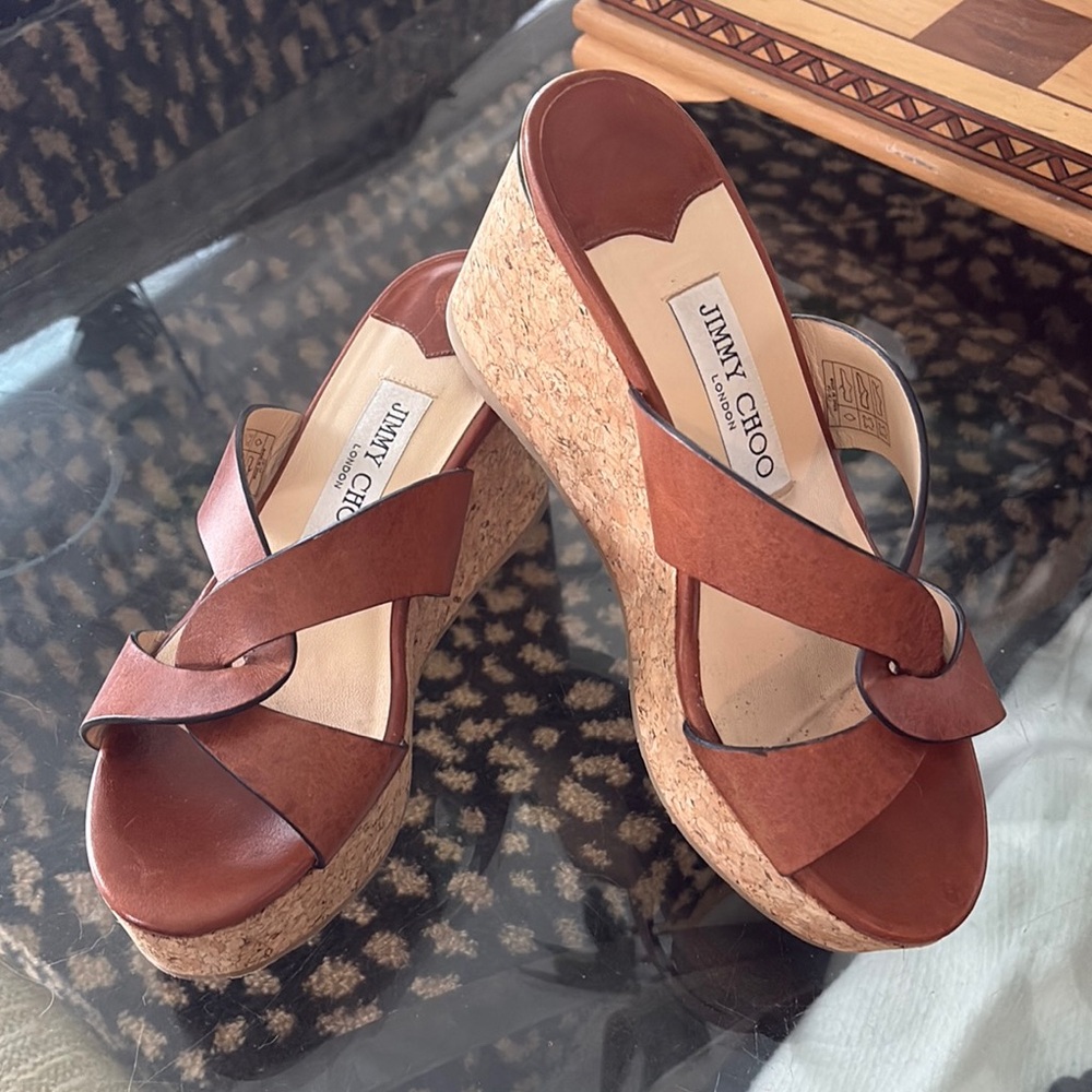 Jimmy Choo Brown Wedge Sandals with Cork Sole